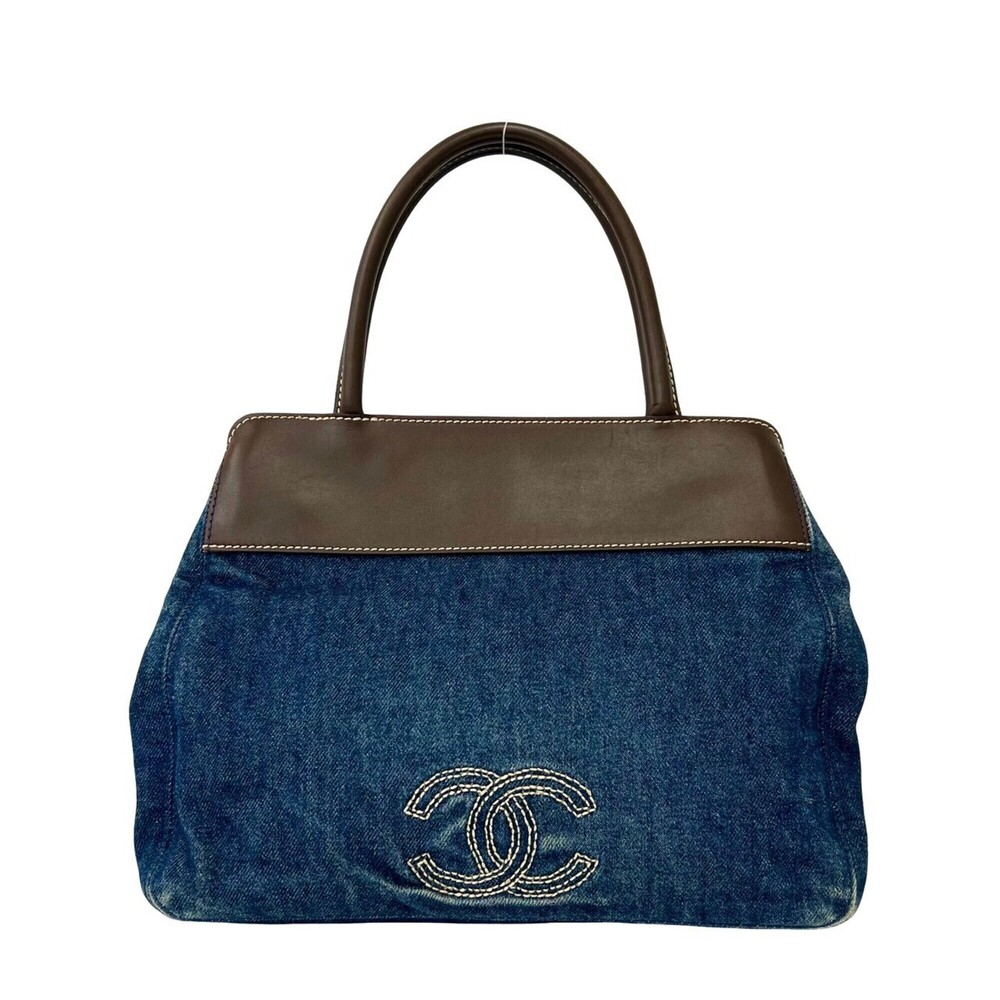 CHANEL Chanel Coco Mark Stitch Denim Leather Genuine Handbag Tote Bag Blue Br...